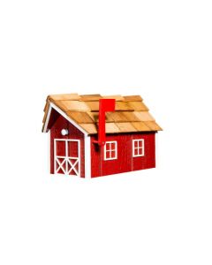 Wooden Barn Mailbox w/ Cedar Shake Roof - Cardinal Red & White
