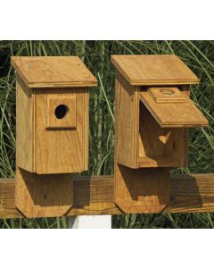 Flip Front Birdhouse with clear wood finish.